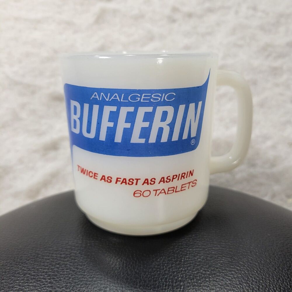 VTG Bufferin Pharmaceutical Advertising Mug Milk Glass White Retro Analgesic Cup